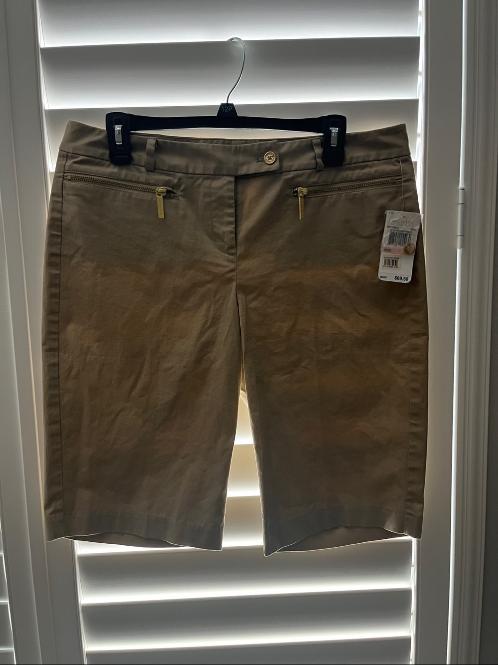 MICHAEL Michael Kors Khaki Bermuda Shorts with Gold Zip Accents